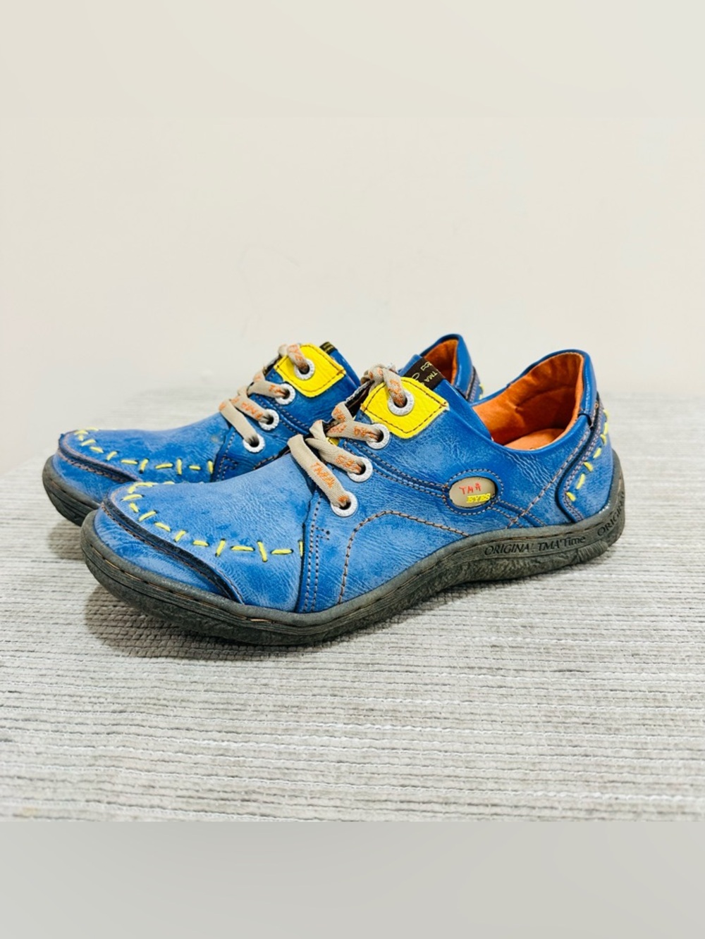 TMA Eyes Women's Leather Yellow Hand Stitching Patchwork Shoes‎ Lace-Up Sz 9
